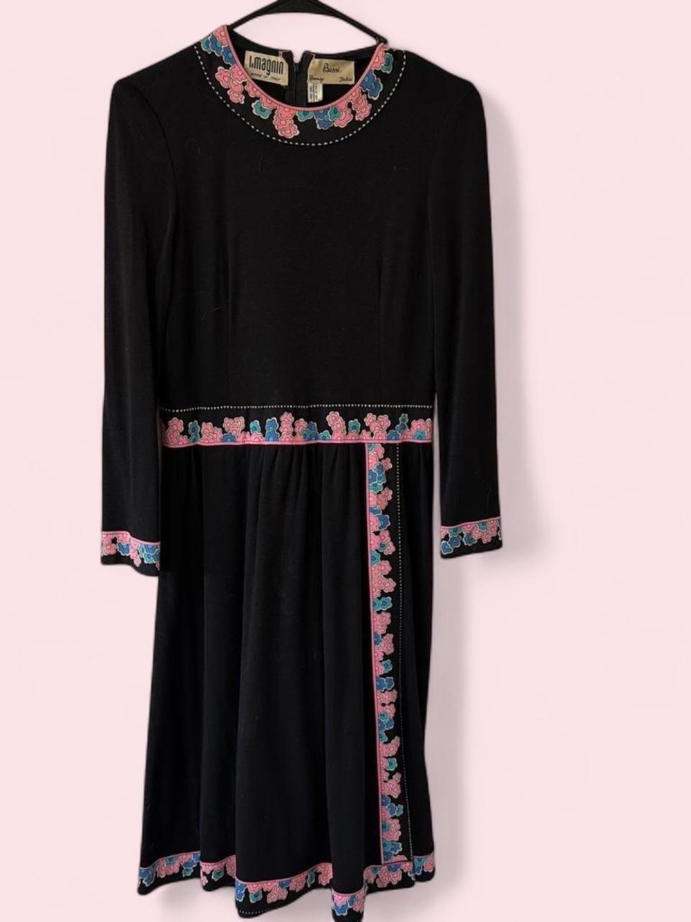 Vintage 1960’s Black Bessi Long-Sleeve  Dress with Pink & Blue floral  Trim